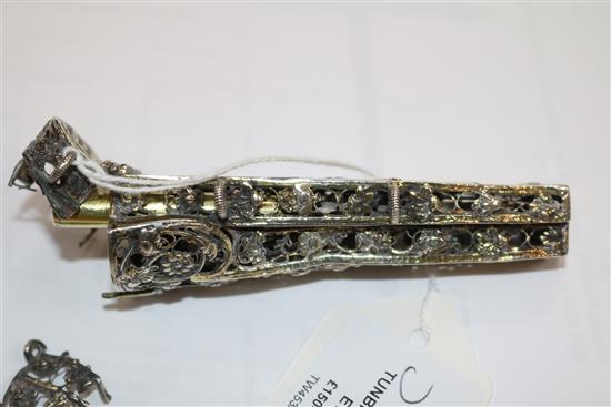 A Tunbridge Ware box with Eridge Castle cover containing two inkwells and sundry items